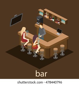 Isometric 3D Flat Interior Of Bar Or Pub. The Chairs Stand Around The Bar. Alcoholic Drinks On The Shelves