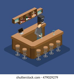 Isometric 3D flat interior of bar or pub. The chairs stand around the bar. alcoholic drinks on the shelves