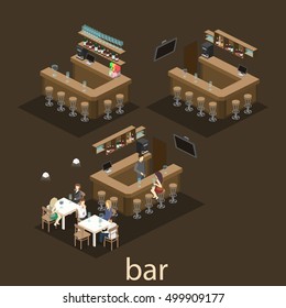 Isometric 3D flat interior of bar or pub. The chairs stand around the bar. alcoholic drinks on the shelves