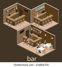 Isometric 3D flat interior of bar or pub. The chairs stand around the bar. alcoholic drinks on the shelves