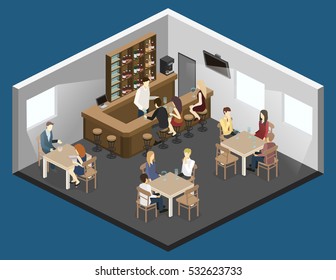 Isometric 3D Flat Interior Of Bar Or Pub. The Chairs Stand Around The Bar. Alcoholic Drinks On The Shelves