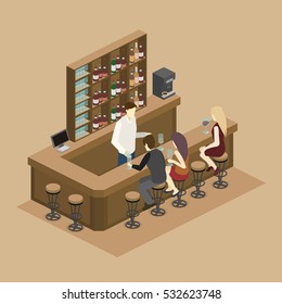Isometric 3D flat interior of bar or pub. The chairs stand around the bar. alcoholic drinks on the shelves