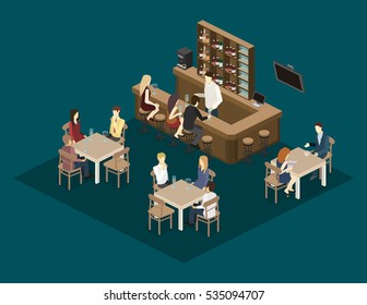 Isometric 3D flat interior of bar or pub. The chairs stand around the bar. alcoholic drinks on the shelves