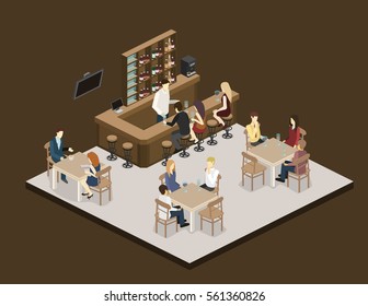 Isometric 3D flat interior of bar or pub. The chairs stand around the bar. alcoholic drinks on the shelves