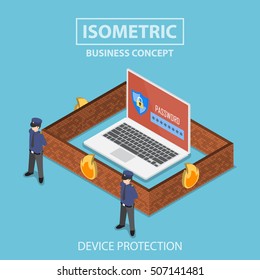 Isometric 3d flat laptop computer protected by firewall, guard and password security system, internet security and anti virus protection concept