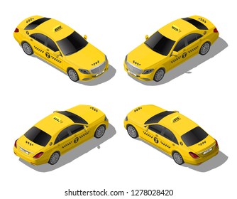 Isometric 3d flat yellow taxi car set. Business or VIP city transport service. High quality detailed vector illustration isolated on white background