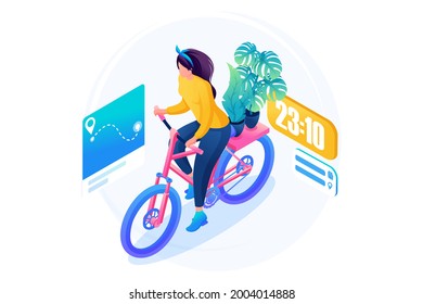 Isometric 3D. Flower Delivery By Bicycle, Girl Courier. Concept For Web Design.