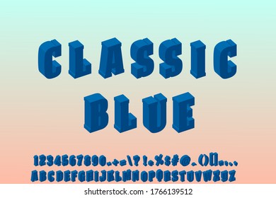 Isometric 3D font, alphabet with numbers and signs, classic blue color
