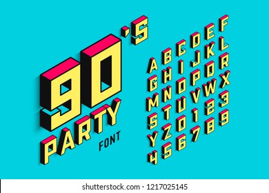 Isometric 3d font, back to the 90's alphabet letters and numbers, vector illustration