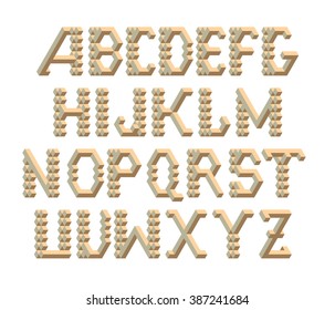 Isometric 3d font from the cubes and rhombs. Typographic characters set for print and design. Vector illustration.