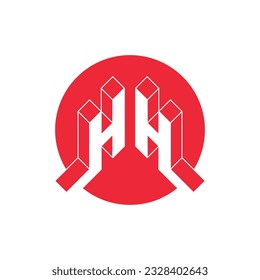 Isometric 3d font for design. HH - Original Three-dimension letters in a red circle. H and H - monogram or logotype.