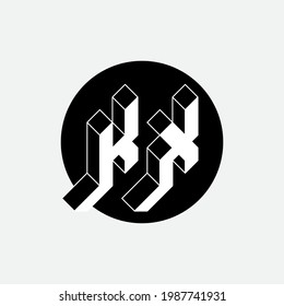 Isometric 3d font for design. KX - Original Three-dimension letters in a black circle. K and X - monogram or logotype.