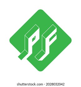 Isometric 3d font for design. PF - 2-letter code. Three-dimension letters on a diamond-shaped substrate. P and F - Monogram or logotype.
