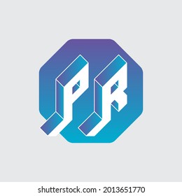 Isometric 3d font for design. PR - monogram or logotype. Volume alphabet. Three-dimension letters P and R on a hexagonal substrate.