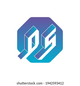 Isometric 3d font for design. Three-dimension letters. DS - 2-letter code. D and S - Monogram or logotype.