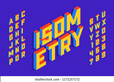 Isometric 3d font design, three-dimensional alphabet letters and numbers vector illustration