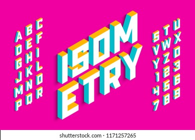 Isometric 3d font design, three-dimensional alphabet letters and numbers vector illustration