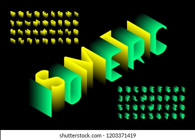 Isometric 3d font design, three-dimensional alphabet letters and numbers vector illustration