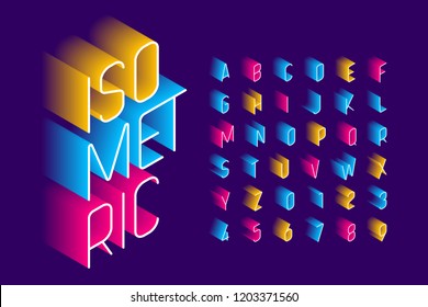 Isometric 3d font design, three-dimensional alphabet letters and numbers vector illustration