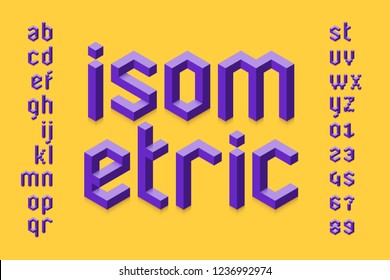 Isometric 3d font design, three-dimensional alphabet letters and numbers vector illustration