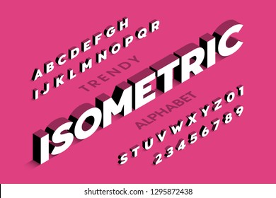 Diseño de fuente 3d isométrico, letras alfabéticas tridimensionales e ilustración vectorial de números