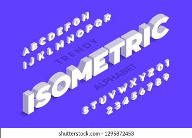 Isometric 3d font design, three-dimensional alphabet letters and numbers vector illustration