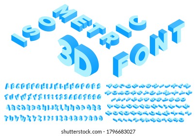 Isometric 3d font. Perspective alphabet lettering, numbers and punctuation marks or symbols. English or latin abc isometry template. Isolated letter set. Geometric typography vector illustration