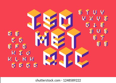 Isometric 3d font, three-dimensional alphabet letters and numbers vector illustration