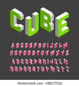 Isometric 3d font. Three-dimensional alphabet. Vector illustration.