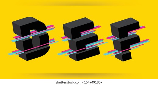 Isometric 3d Font, Vector illustration. Glitched Display Font Design. Isometric Letters Set Isolated On Yellow Background. Typographic Print. Block Typefont. Hipster ABC. Vector illustration.