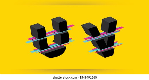 Isometric 3d Font, Vector illustration. Glitched Display Font Design. Isometric Letters Set Isolated On Yellow Background. Typographic Print. Block Typefont. Hipster ABC. Vector illustration.