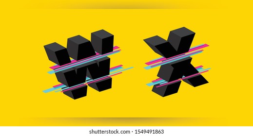 Isometric 3d Font, Vector illustration. Glitched Display Font Design. Isometric Letters Set Isolated On Yellow Background. Typographic Print. Block Typefont. Hipster ABC. Vector illustration.