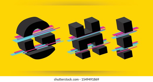 Isometric 3d Font, Vector illustration. Glitched Display Font Design. Isometric Letters Set Isolated On Yellow Background. Typographic Print. Block Typefont. Hipster ABC. Vector illustration.