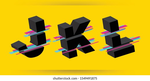 Isometric 3d Font, Vector illustration. Glitched Display Font Design. Isometric Letters Set Isolated On Yellow Background. Typographic Print. Block Typefont. Hipster ABC. Vector illustration.