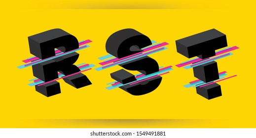 Isometric 3d Font, Vector illustration. Glitched Display Font Design. Isometric Letters Set Isolated On Yellow Background. Typographic Print. Block Typefont. Hipster ABC. Vector illustration.