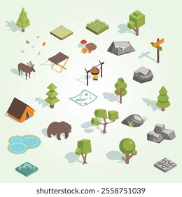 Isometric 3d forest camping elements for landscape design. Tent and deer, camp and bear, butterflies and mushrooms, map and pond. Vector illustration
