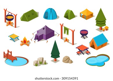 Isometric 3d Forest Camping Elements