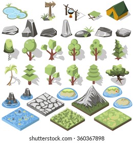 Isometric 3d forest camping elements for landscape design. Tent and camp, tree, rock. island. Vector illustration