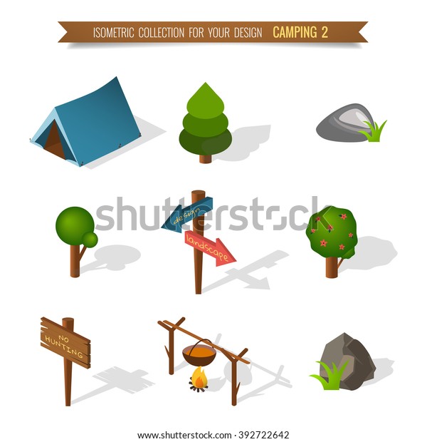 Isometric 3d forest camping elements for\
landscape design.