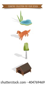 Isometric 3d forest hiking camping elements for landscape design. Vector illustration