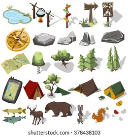 Isometric 3d forest hiking elements for landscape design. Tent and camp, tree, rock, wild animals. Navigation equpment. Vector illustration