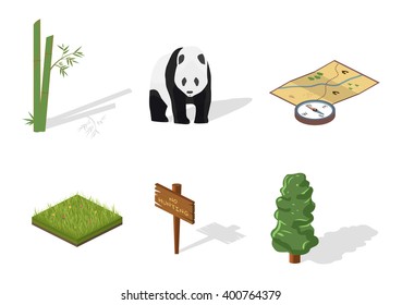 Isometric 3d forest hiking elements for landscape design. Tree, grass, bamboo, wild animals, compass, signpost. Navigation equipment. Vector illustration, isometric design