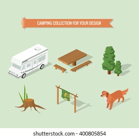 Isometric 3d forest hiking elements for landscape design. Vector illustration, isometric design