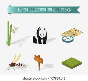 Isometric 3d forest hiking elements for landscape design. Tree, grass, bamboo, wild animals, compass, signpost. Navigation equipment. Vector illustration