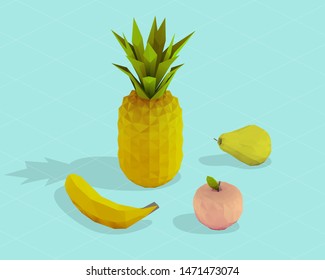 Isometric 3D Fruit. Set of Fruits on Blue Background. Low Poly Vector 3D Rendering