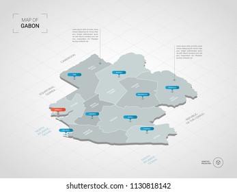 Isometric  3D Gabon map. Stylized vector map illustration with cities, borders, capital Libreville , administrative divisions and pointer marks; gradient background with grid. 
