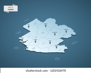 Isometric 3D Gabon map,  vector illustration with cities, borders, capital, administrative divisions and pointer marks; gradient blue background.  Concept for infographic.