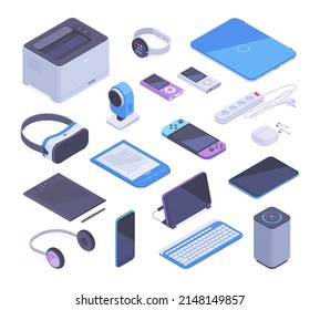 Isometric 3d gadgets, tablet, pc, printer, computer and ebook icons. Smartphone, keyboard and mouse, wireless electronic gadgets vector 3d symbols set. Digital devices