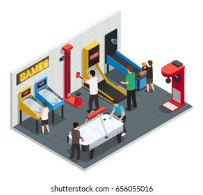 Isometric 3d game club interior colored concept people play games in entertainment center vector illustration