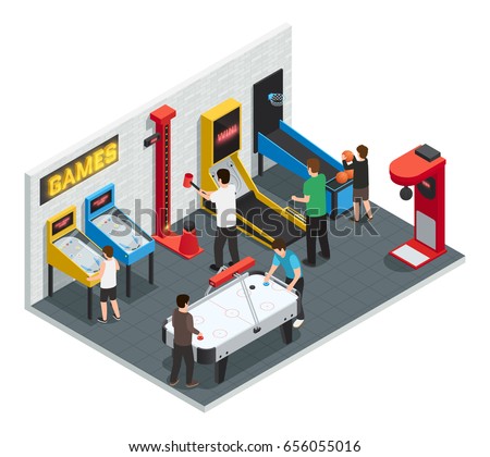 Isometric 3d game club interior colored concept people play games in entertainment center vector illustration